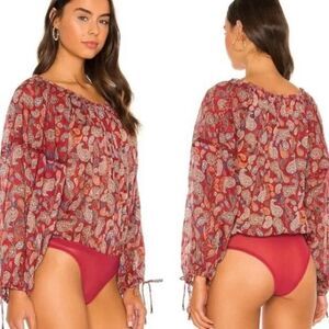 Free People Vintage Combo Maroon Paisley Print Sundown Bodysuit Sz S Bohemian